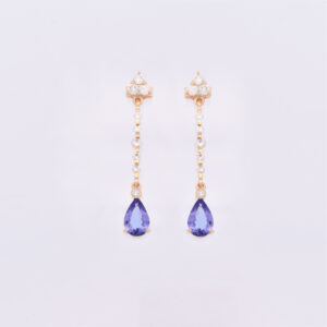 18ct yellow gold, diamond and pear shaped tanzanite earrings. Diamonds on articulated arms, tanzanite at bottom. Front view