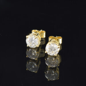 Front view of a pair of 18ct yellow gold and 0.76ct round brilliant cut lab grown diamonds stud earrings